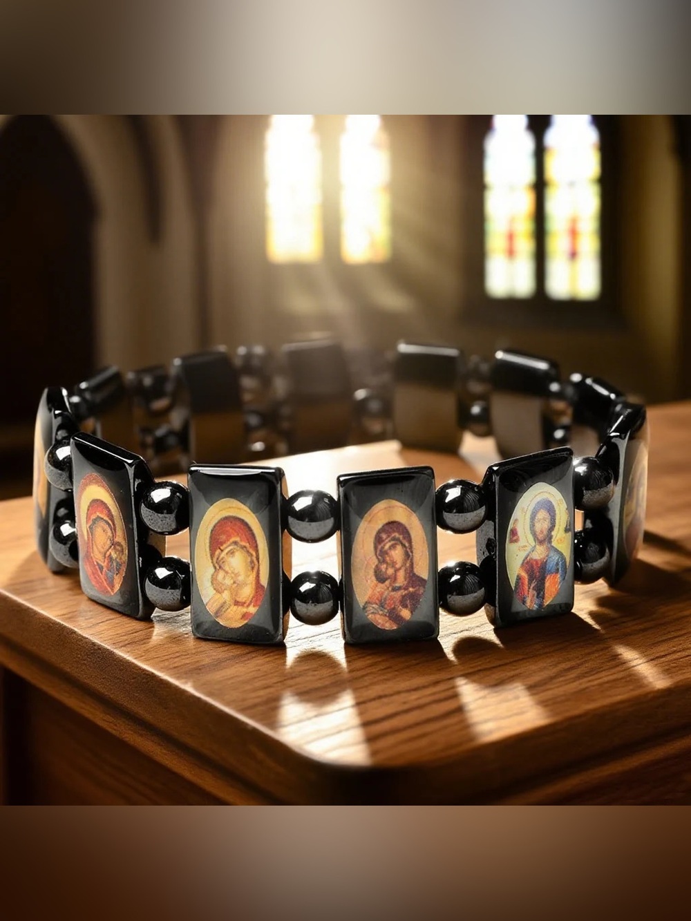 Sacred Religious Icon Hematite Bracelet 7.48''/19cm New